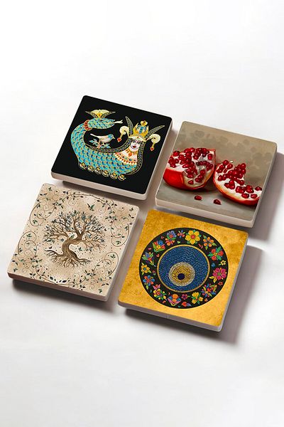 Pinecone Evil Eye Bead, Shahmaran, Tree of Life, Pomegranate Stone Coasters Protective Coasters Set of 4 10x10cm