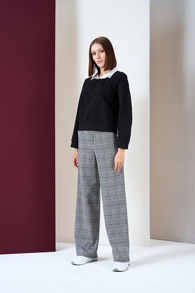 PJS Set de două piese pantaloni în carouri cu guler fals țesut pentru femei