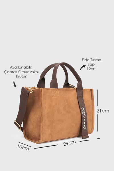 LUNABLU Women's Suede Handle Detailed Cross Strap Hand and Shoulder Bag