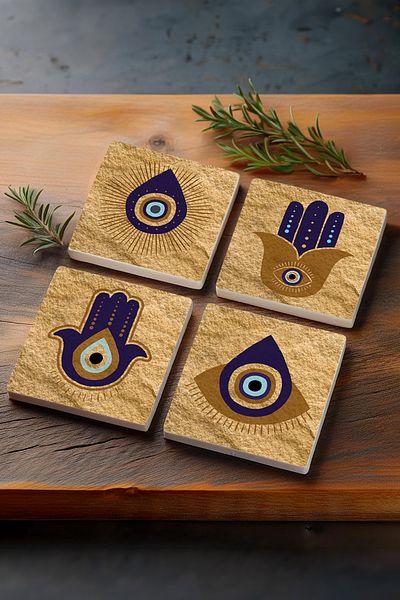 Pinecone Mother of Fatma's Hand (HAMSA), Evil Eye Stone Coaster Desktop Protective Coaster 4 Piece Set 10x10cm Sc244