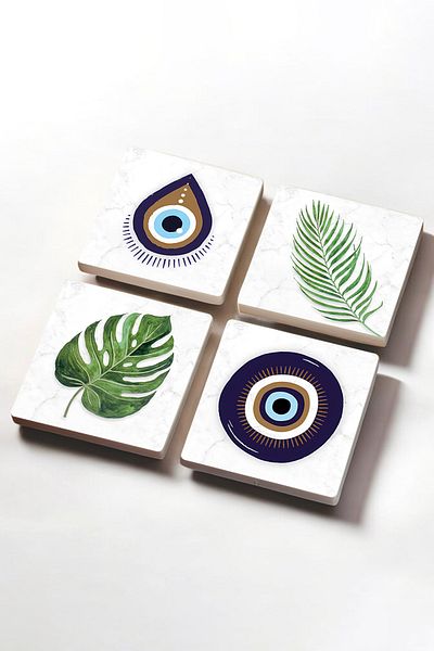 Pinecone Evil Eye, Leaf Stone Coaster Desktop Protective Coaster 4 Piece Set 10x10cm Stone Coasters Sc356