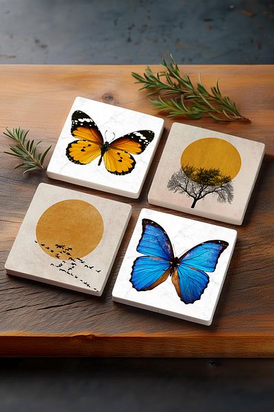 Pinecone Minimalist, Butterfly Stone Coasters Desktop Protective Coasters 4 Piece Set 10x10cm Stone Coasters