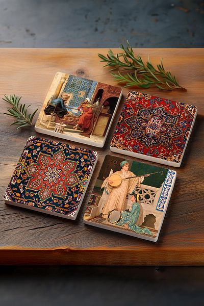 Pinecone Pattern, Chess Game, Two Musician Girls Stone Coasters Desktop Protective Coasters Set of 4 10x10cm