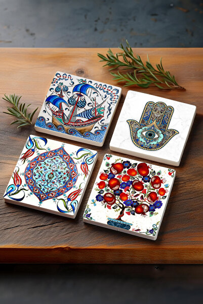 Pinecone Çini Sanatı, Yelkenli Gemi, Nar Ağacı, Fatma Ana Eli (HAMSA) Taş Bardak Altlığı 4'lü Set 10x10cm