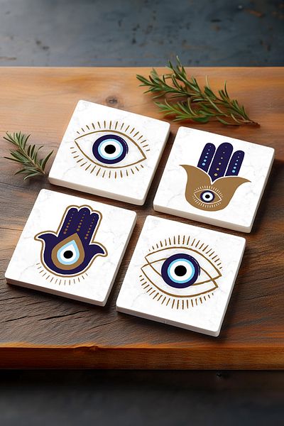 Pinecone Mother of Fatma's Hand (HAMSA), Evil Eye Stone Coaster Desktop Protective Coaster 4 Piece Set 10x10cm Sc236