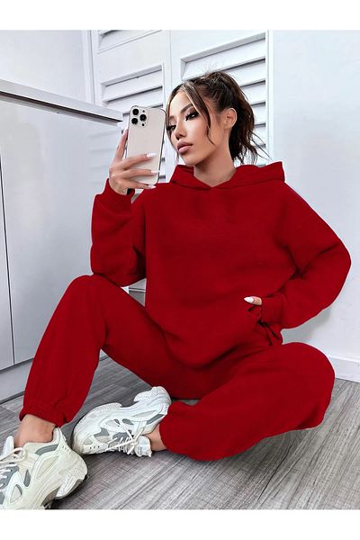 pandy Red Colored Hooded Kangaroo Pocket Ribbed Oversize Tracksuit Set