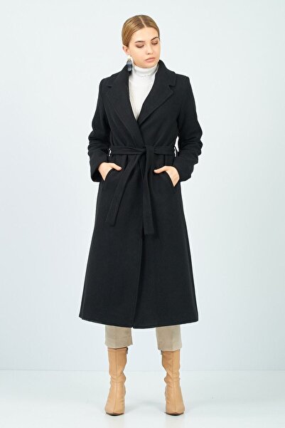 LİMABEL Black Belted Lined Long Stamp Coat (Full Fit) New Season