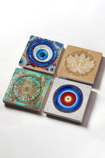 Pinecone Evil Eye, Flower of Life, Lotus Flower Stone Coaster Desktop Protective Coaster 4 Piece Set