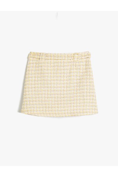 Koton Tweed Double Breasted Skirt - Plaid and Buckle Detailed
