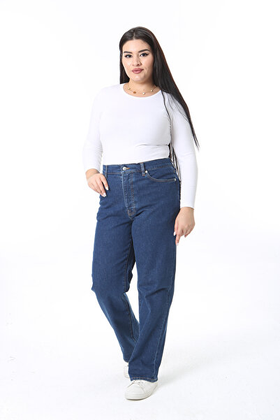 Şans Women's Large Size Navy Blue High Waist 5 Pocket Lycra Jeans 65N38391