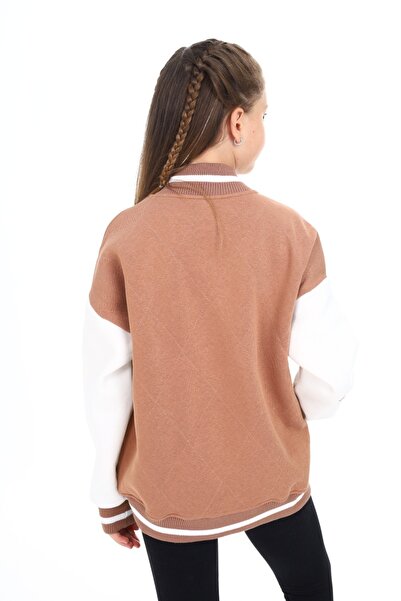 Toontoy Cardigan pentru fete, cu guler de colegiu, cu închidere cu apăsare, buzunare, cu umăr dezactivat, broderie cu imprimeu bloc de culoare din material subțire - 2