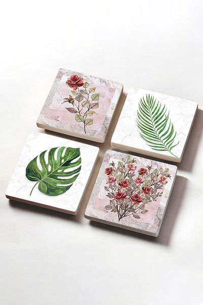 Pinecone Evil Eye, Leaf Stone Coaster Desktop Protective Coaster 4 Piece Set 10x10cm Stone Coasters Sc352