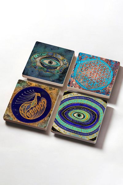 Pinecone Evil Eye, Flower of Life, Peacock Stone Coaster Desktop Protective Coaster 4 Piece Set 10x10cm
