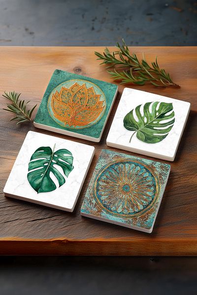 Pinecone Leaf, Lotus Flower, Flower of Life Stone Coaster Desktop Protective Coaster 4 Piece Set 10x10cm