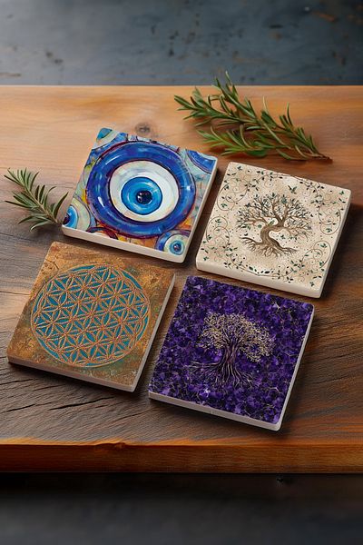 Pinecone Tree of Life, Evil Eye, Flower of Life Stone Coaster Desktop Protective Coaster 4 Piece Set 10x10cm