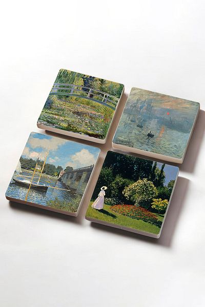 Pinecone Monet Woman in the Garden, Bridge at Argenteuil, Impression Sunrise, Water Lily Lake Stone Coaster Set