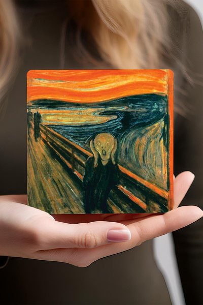 Pinecone The Scream, Van Gogh Almond Tree, Gustav Klimt Family Embrace, Crossing of Souls Stone Coaster Set