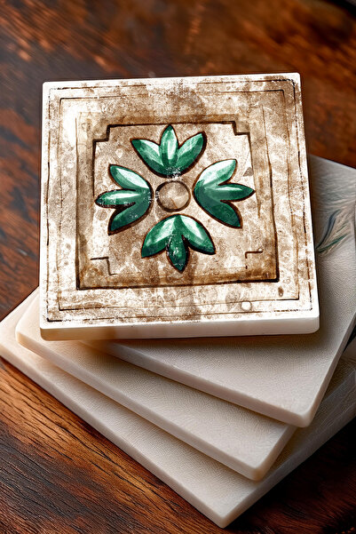 Pinecone زهرة عتيقة، قاعدة أكواب حجرية مغربية كلاسيكية منقوشة لسطح المكتب مكونة من 4 قطع مقاس 10 × 10 سم