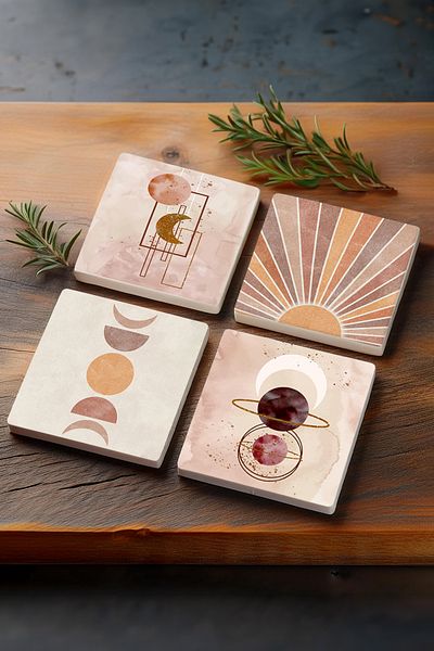 Pinecone Minimalist Abstract Stone Coasters Desktop Protective Coasters Set of 4 10x10cm Stone Coasters Sc262