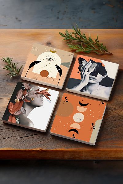 Pinecone Bohemian, Spring Dream Series Stone Coasters Desktop Protective Coasters Set of 4 10x10cm Stone Coasters