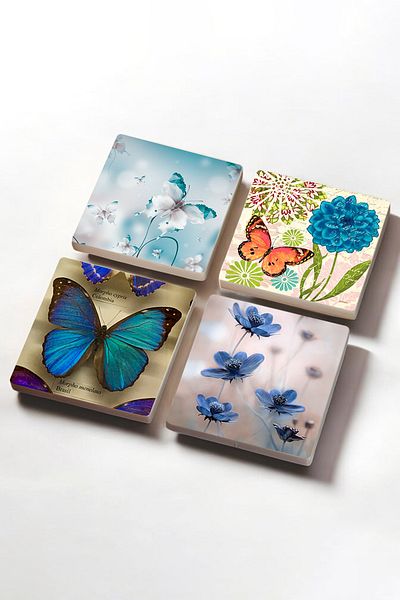 Pinecone Butterfly Stone Coaster Desktop Protective Coaster 4 Piece Set 10x10cm Stone Coasters Sc320