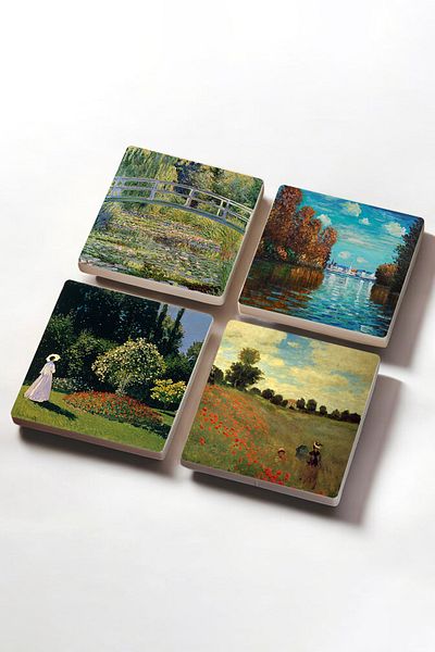 Pinecone Claude Monet Autumn, Woman in the Garden, Poppies, Lake Water Lily Stone Coasters Set of 4