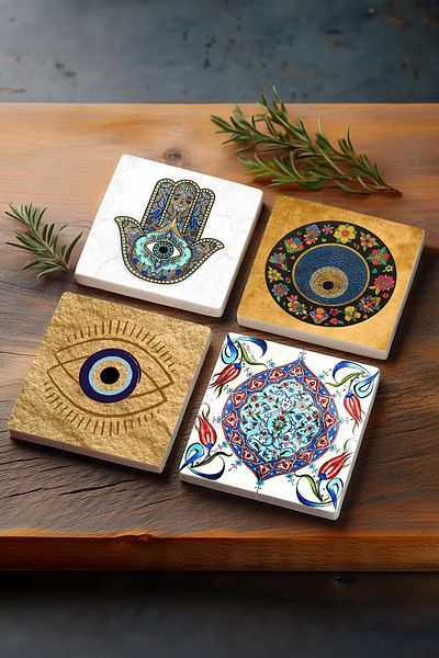 Pinecone Evil Eye, Tile Art, Hand of Mother Fatma (HAMSA) Stone Coaster Protective Coaster Set of 4 10x10cm