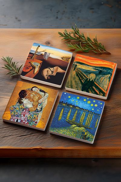 Pinecone Dalí The Persistence of Memory, Van Gogh, A Night on the Rhine, The Scream, Klimt Family Embrace Stone Coasters