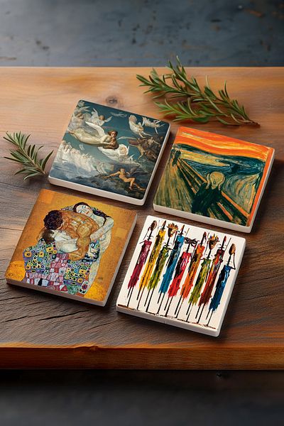 Pinecone The Scream, Native Women, Gustav Klimt Family Embrace, Passing of Souls Louis Janmot Stone Coaster