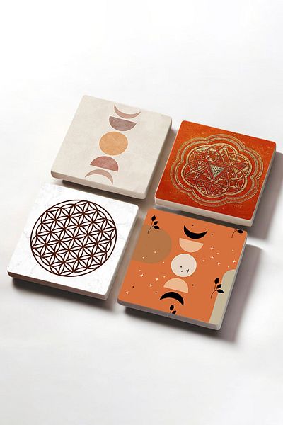 Pinecone Bohemian Minimalist Abstract Sri Yantra Flower of Life Stone Coaster - Set of 4 10X10Cm