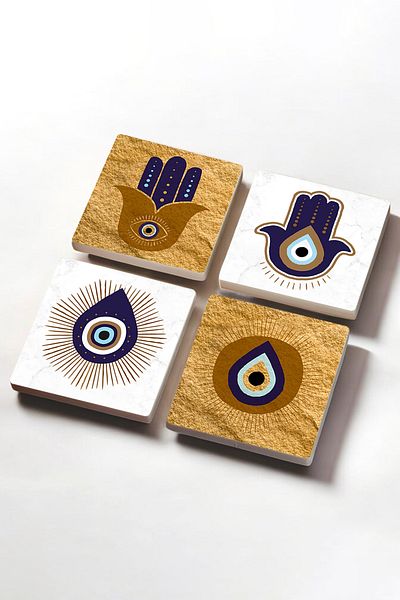 Pinecone Mother of Fatma's Hand (HAMSA), Evil Eye Stone Coaster Desktop Protective Coaster 4 Piece Set 10x10cm Sc247