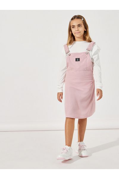 Styli Patch Detail Corduroy Pinafore Dress & Rib Knit T-Shirt Set