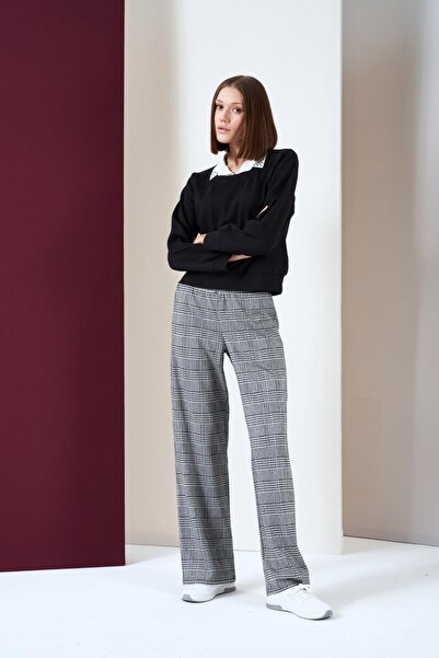PJS Women's Woven Fake Collar Plaid Trousers Double Set