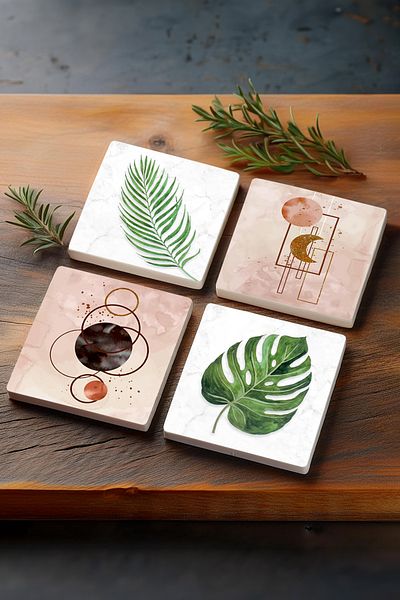 Pinecone Minimalist Abstract, Leaf Stone Coasters Desktop Protective Coasters Set of 4 10x10cm Sc347