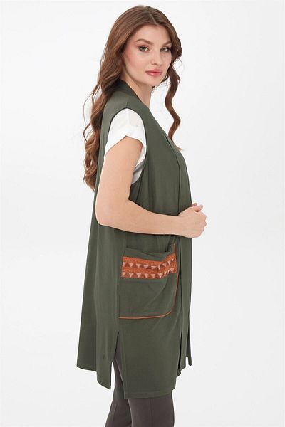 Desen Triko Women's Long Combed Cotton Vest Khaki