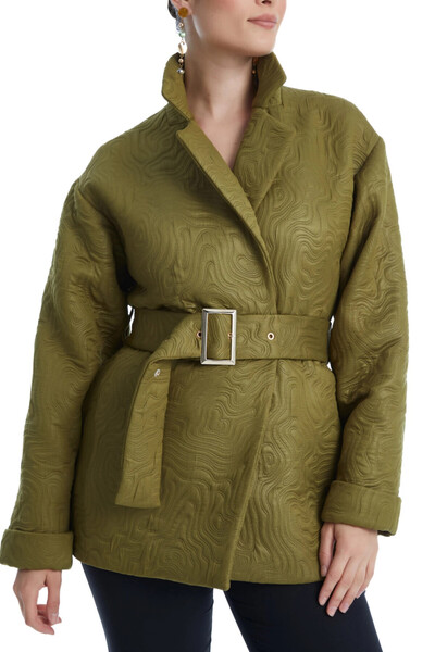 SERPİL Oversize Doku Desenli Kemerli Haki Mont 38837