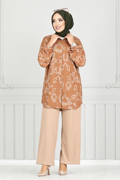 ModaMerve Tan Patterned Shirt Collar Set - 1573Lna1042-M