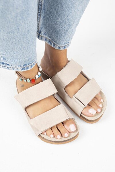 Manijero Γυναικείες παντόφλες Vina από γνήσιο δέρμα Velcro Beige