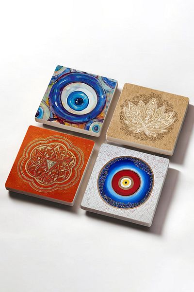 Pinecone Evil Eye, Lotus Flower, Sri Yantra Stone Coaster Desktop Protective Coaster 4 Piece Set 10x10cm