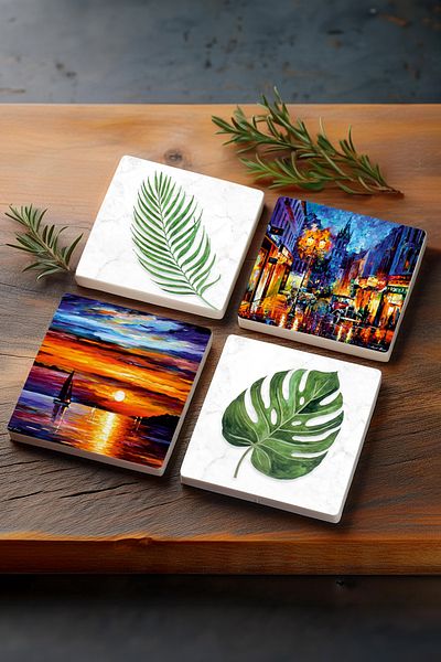 Pinecone Leaf, Seascape, Street View Stone Coaster Protective Coaster Set of 4 10x10cm