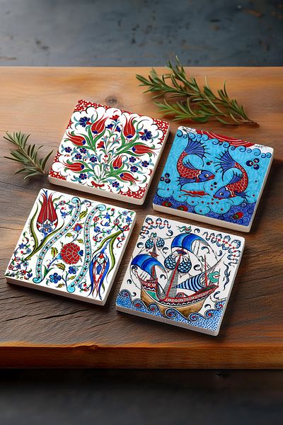 Pinecone مجموعة من 4 قواعد أكواب واقية لسطح المكتب من Tile Art Tulip والأسماك والسفن الشراعية مقاس 10 × 10 سم