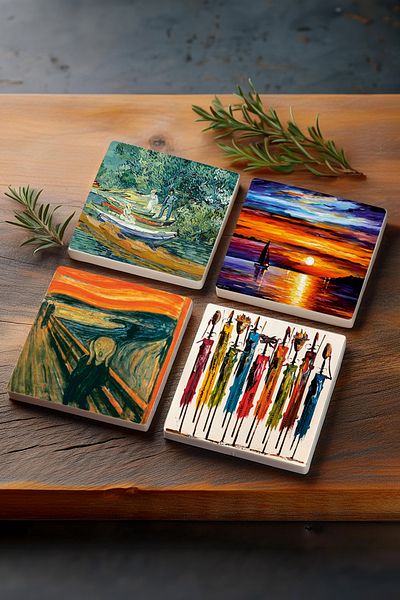 Pinecone Van Gogh Blooming Pink Peach Tree, Scream, Native Women, Seascape Stone Coaster
