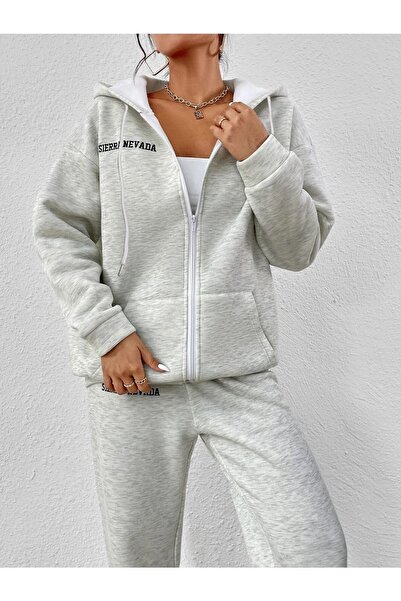 Know Kadın 3 Iplik Gri Sıerra Nevada Baskılı Hırka Jogger Oversize Eşofman Takımı
