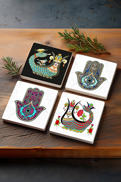 Pinecone Shahmaran, Hand of Mother Fatima (HAMSA) Stone Coaster Desktop Prote...