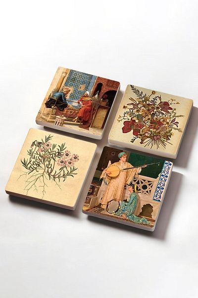 Pinecone Vintage Flower, Chess Game, Two Musician Girls Stone Coaster Protective Coaster Set of 4 10x10cm