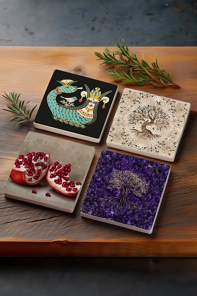 Pinecone Shahmaran, Tree of Life, Pomegranate Stone Coaster Desktop Protective Coaster 4 Piece Set 10x10cm