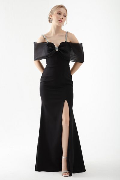 Lafaba Langes Abendkleid aus Netzstoff mit Steinriemen für Damen in Schwarz
