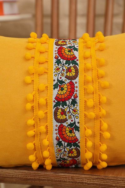 Aisha's Design Decorative Throw Pillow Cover with Flower Motif and Pompom Detail, K-399