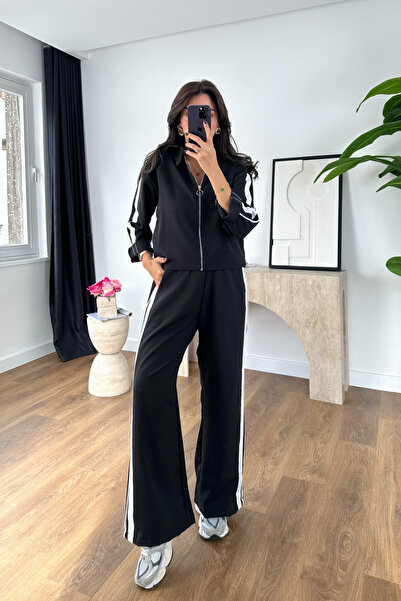 BİRCANÇİL طقم كارديجان وسروال مخطط باللونين الأبيض والأسود من فيسلا