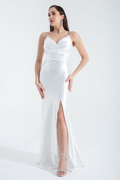 Lafaba Langes Abendkleid mit weißen Steinträgern für Damen